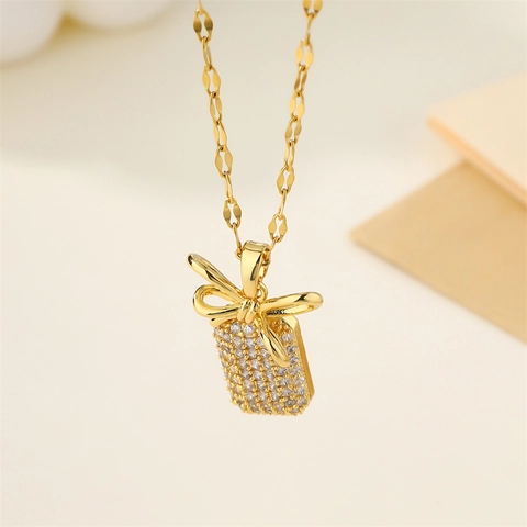 Bowknot Pendant Necklace Stainless Steel Gold Plated Cubic Zirconia Pave Rectangular Tag Elegant Jewelry Women