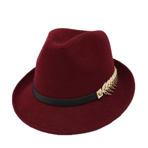Chapeau Fedora En Feutre De Laine Style Rétro Britannique Chapeau Jazz Avec Ornement De Feuille En Métal Doré