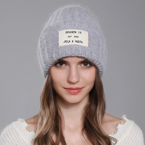 Knitted Beanie Hat Rabbit Fur Acrylic Blend Warm Winter Cuff Skull Cap Fashion Letter Patch Trendy For Women