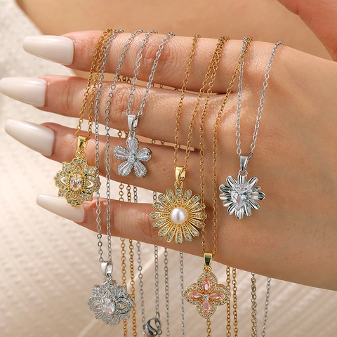Flower Pendant Necklace Stainless Steel Chain Copper Zirconia Artificial Pearl Shell Sweet Floral Jewelry For Women Versatile Gift