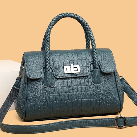 Crocodile Pattern Handbag PU Leather Embossed Braided Handle Crossbody Bag With Twist Lock For Women Daily Elegant