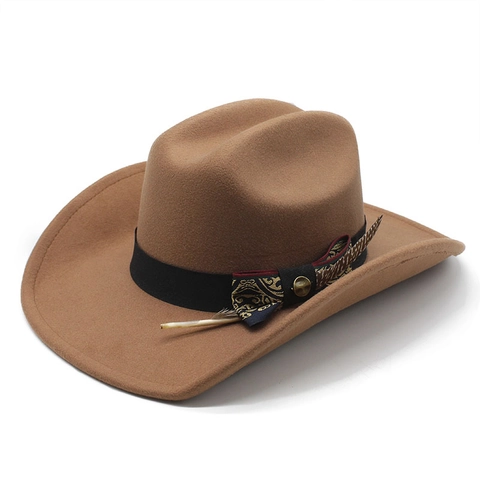 Cappello Da Cowboy Occidentale Fedora In Feltro A Tesa Larga Con Piuma Cintura Etnica Retrò Per Uomini Donne