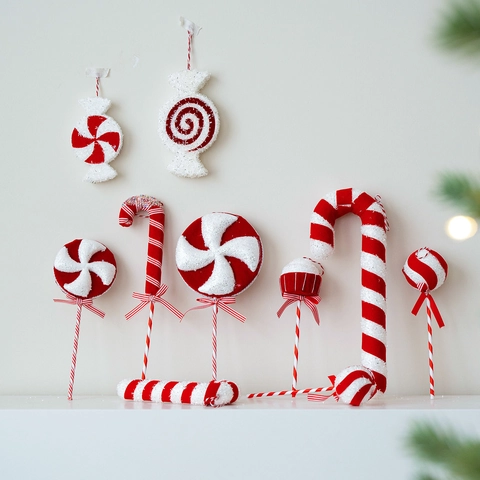 Christmas Candy Cane Lollipop Ornaments Red White Striped Glitter Foam Fabric Hanging Holiday Tree Decor
