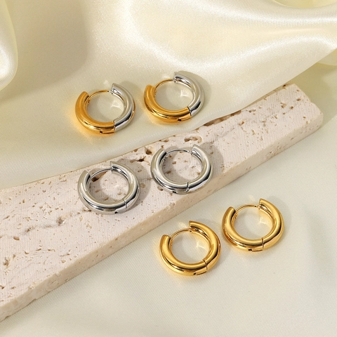 Titanium Steel Solid Hoop Earrings Two Tone Gold Silver Mixed Polished Minimalist Elegant Earrings For Women Men