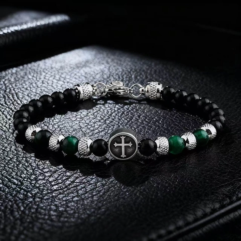 Retro Cross Beaded Bracelet Stainless Steel Natural Tiger Eye Stone Agate Religious Jewelry For Men Women