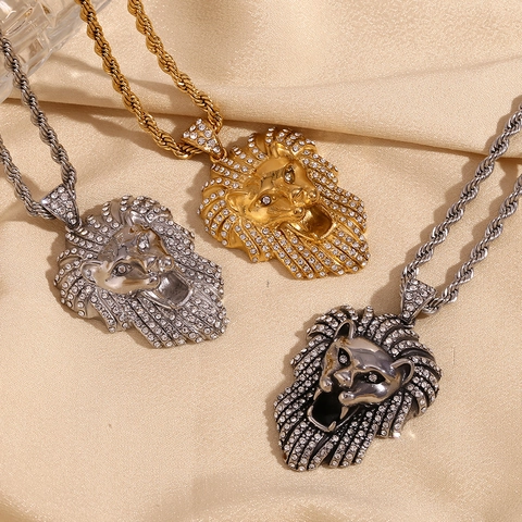 Collana Pendente Testa Di Leone Hip Hop Acciaio Inossidabile Placcato Oro 18K Strass Catena Corda Gioielli Uomo