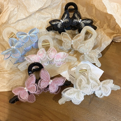 Pinces À Cheveux Papillon Broderie Künstliche Perle Dentelle Doux Vintage Accessoires Cheveux Pour Femmes