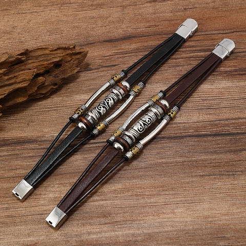 Bracciale In Pelle Multistrato Da Uomo Retro Tribal Totem Lega Legno Perline Gioielli Intrecciati Regolabili