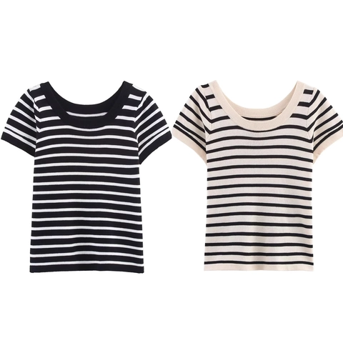 Women Casual Striped Knit Short Sleeve Top Round Neck Slim Fit Basic T-Shirt Striped Pullover Knitwear Soft Breathable Top