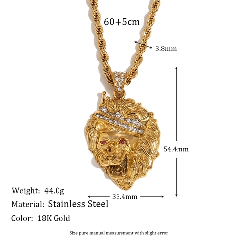 Hip Hop Lion Head Pendant Necklace Stainless Steel Gold Plated Crown With Rhinestones Red Eyes Twisted Rope Chain Men