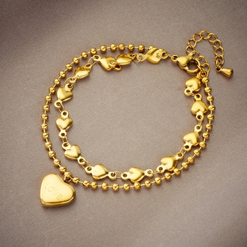 Double Layer Stainless Steel Heart Bracelet For Women Fashion Beaded Chain Love Engraved Gold Pendant Bracelet Jewelry Gift