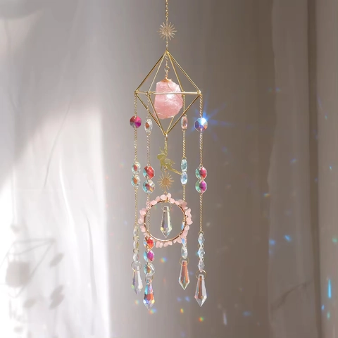 Crystal Suncatcher Hanging Ornament Rose Quartz Raw Stone Rainbow Maker Prism Geometric Gold Metal Fairy Butterfly Window Decor