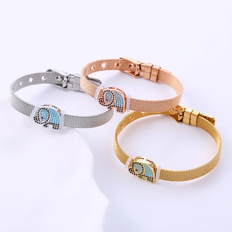 Pulsera De Malla De Elefante De Acero Inoxidable Con Circón Hebilla Estilo Correa De Reloj Ajustable Para Mujer