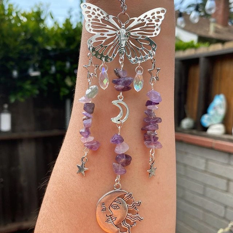 Butterfly Crystal Suncatcher Wind Chime With Natural Stone Beads Sun Moon Star Metal Hanging Ornament For Garden Decor