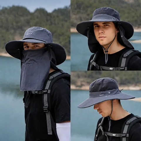 Outdoor Sonnenhut Breite Krempe Mit Abnehmbarer Gesichtsmaske Nackenschutz Nylon Atmungsaktiv UV Schutz Angeln Wandern