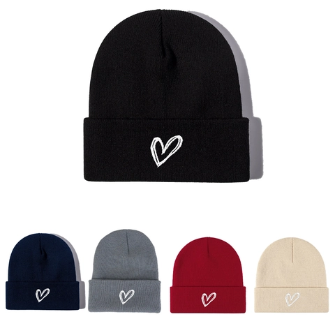 Unisex Heart Embroidered Knit Beanie Hat Warm Winter Cuffed Solid Color Acrylic Soft Elastic Skull Cap For Men Women Headwear