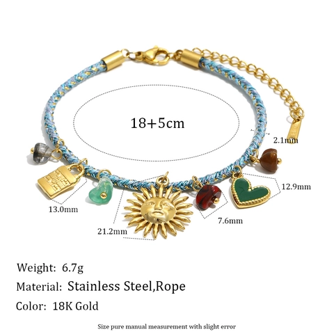 Bohemian Gewebtes Seil Halskette Armband 18K Vergoldeter Edelstahl Sonne Herz Schloss Anhänger Vintage Ethno Schmuck Damen