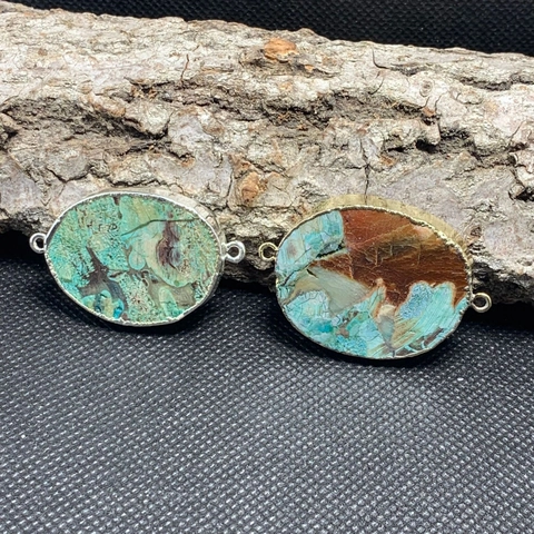 Natural Ocean Agate Pendant Connector Irregular Oval Double Loops Metal Edged For DIY Jewelry Making Necklaces Bracelets