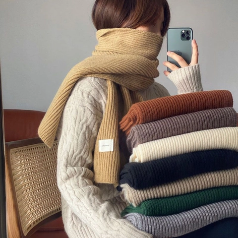 Sciarpa In Maglia Tinta Unita Spessa Calda Invernale Texture A Costine Imitazione Cashmere Versatile Per Donna E Uomo