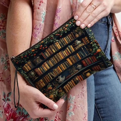 Borsa Trucco Stampa Libreria Vintage Lino Fine Organizzatore Da Viaggio Pochette Con Cinturino Da Polso Per Donne Classico