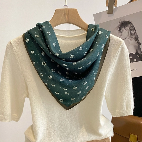 Square Scarf Women Polyester Satin Feeling Leaf Polka Dot Print French Elegant Neck Head Wrap Fashion Accessories
