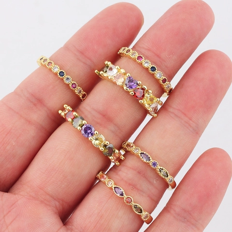 Anillo Abierto De Circonita Arcoíris Colorido Cobre Bañado En Oro 18K Geométrico Corazón Marquesa Ajustable Joyería Mujer