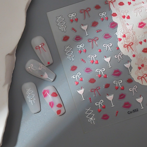 5D Embossed Nail Art Stickers Relief Red Lips Bow Hearts Self Adhesive Manicure Decoration For Women