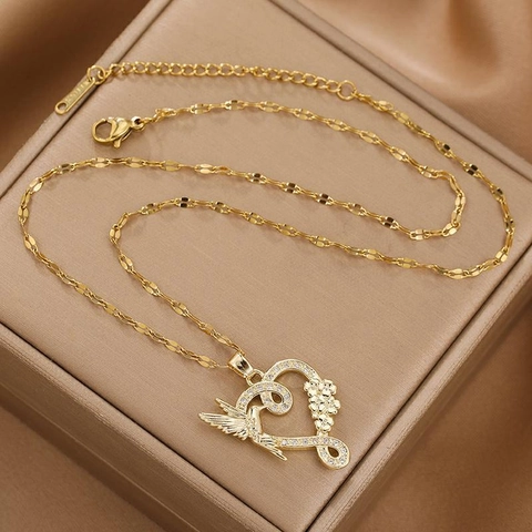 Collar Con Colgante De Corazón De Colibrí Chapado En Oro Cadena De Acero De Titanio Cobre Circonita Joyas Para Mujer