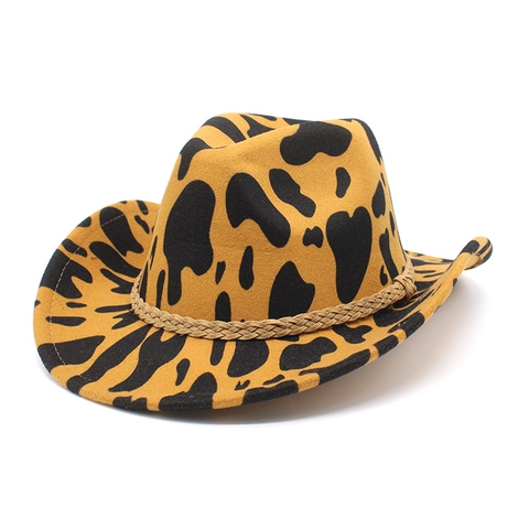Western Cowboy Hat Cow Leopard Animal Print Cotton Polyester Felt Wide Curved Brim With Braided Band Vintage Retro Unisex