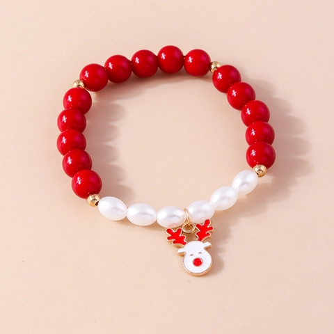 Christmas Beaded Bracelet Alloy Santa Tree Elk Charms Elastic Faux Artificial Pearl Acrylic Jewelry Holiday Accessory Men Women