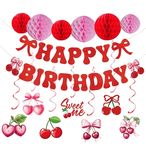 Cherry Birthday Party Decorations Glitter Paper Banner Sweet One Cake Toppers Swirls Red Pink Honeycomb Balls Ornament