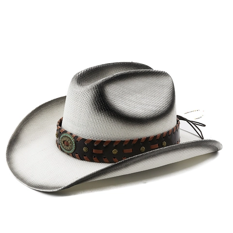 Sombrero De Vaquero Western Paja De Papel Trenzada Ala Ancha Protección Solar Ombre Vintage Banda Cuero Remache Turquesa
