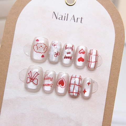 Unghie Finte Effetto Occhio Di Gatto Plastica ABS Rimovibile Design Cucciolo Cuore Fiocco Rosso Griglia Per Donne Nail Art Dolce