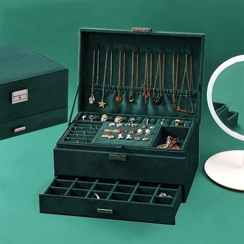 Joyero de Terciopelo Vintage de 3 Niveles Con Cierre Organizador de Joyas de Gran Capacidad para Pendientes Anillos