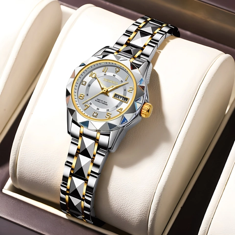 DEDIMA Montre à Quartz Mode pour Femme Strass Coupe Géométrique Montre Bracelet Étanche Lumineuse Double Calendrier