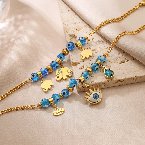 Bracelet Oeil Maléfique En Acier Inoxydable Pour Femme Plaqué Or Pendentif Éléphant Bohème Ethnique Perle Bleue