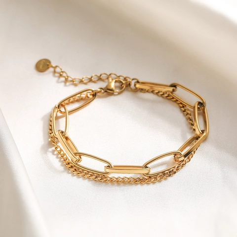Double Layer Chain Bracelet 18K Gold Plated Stainless Steel Geometric Paperclip Cuban Link For Women Fashion Minimalist