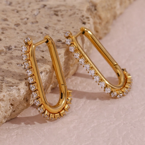 U-Shaped Hoop Earrings 18K Gold Plated 316L Stainless Steel Cubic Zirconia Statement Fashion For Women