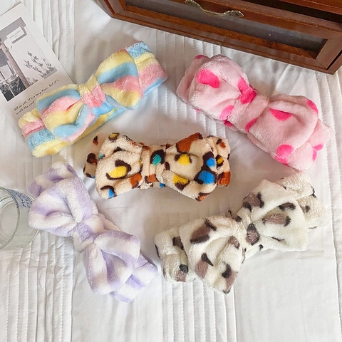 Soft Flannel Bow Headband Leopard Cow Polka Dot Striped Elastic Hair Band For Washing Face Makeup Spa Skincare