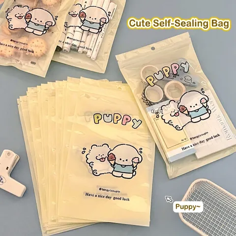 Kawaii Cartoon Puppy Floral Plastic Resealable Bags Frosted Translucent Zip Lock For Snack Jewelry Packaging