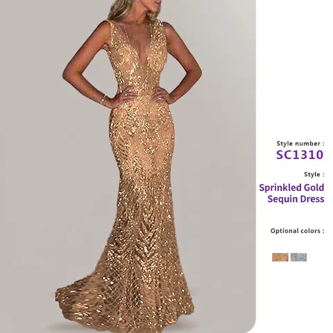Women Sexy Deep V Neck Sleeveless Sequin Mermaid Evening Dress Elegant Long Maxi Gown For Banquet Formal Party Wedding Ceremony