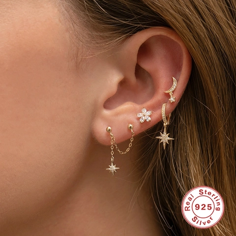Pendiente De Cadena Con Estrella De Ocho Puntas De Plata De Ley 925 Con Circonita Para Doble Perforación