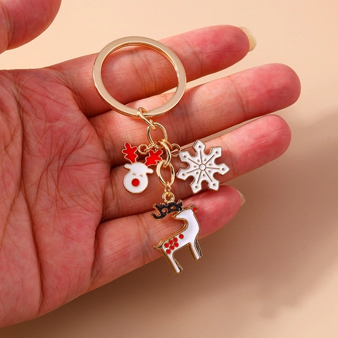 Christmas Reindeer Snowflake Enamel Keychain Zinc Alloy Gold Plated Cartoon Animal Key Ring Holiday Party Gift Jewelry