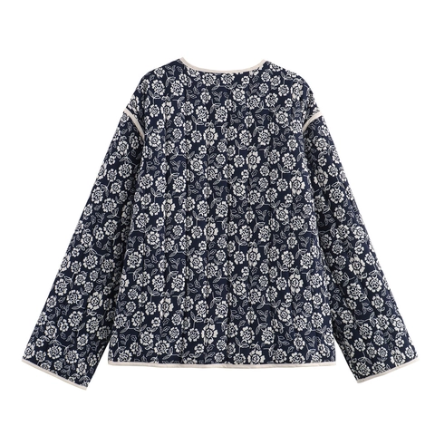 Dames Doorgestikte Jas Bloemenprint Katoen Gewatteerd V-Hals Lange Mouwen Etnische Retro Stijl Lichtgewicht Bovenkleding