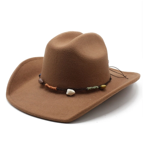 Chapeau De Cow-boy Western En Feutre Fedora À Bord Large Avec Cordelette Décorative En Perles De Pierre Style Bohème