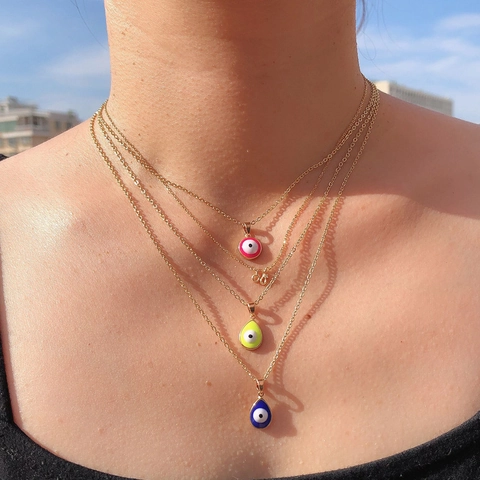 Evil Eye Pendant Necklace Vintage Water Drop Round Copper 18K Gold Plated Oil Drip Enamel Jewelry For Women