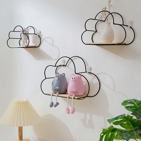 Étagère Murale Flottante En Forme De Nuage Cadre En Métal De Fer Avec Base En Bois Support De Rangement Décoratif Style Nordique