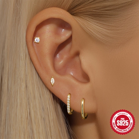 925 Sterling Silver U-Shape Geometric Earring Set For Women Gold Plated Zirconia Stud Hoops Ear Cuff Fashion Jewelry Gift