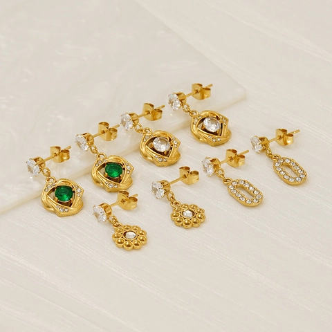 18K Vergoldete Edelstahl Hängende Ohrringe Für Damen Zirkon Straß Geometrische Blumen Hohl Luxus Schmuck