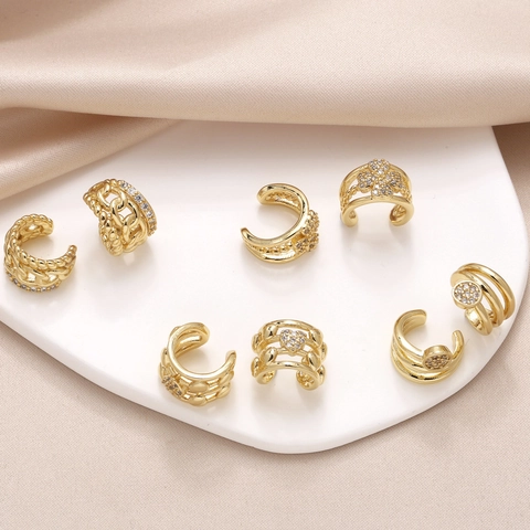 Geometric Gold Plated Copper C-Shaped Ear Cuffs For Women Zirconia Heart Clover Non-Pierced Minimalist Clip-On Earrings Jewelry